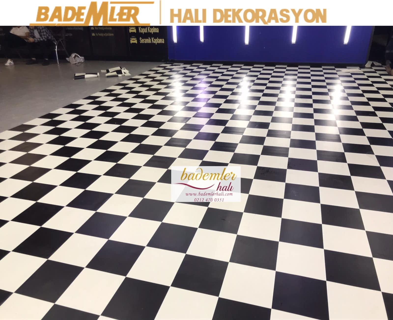 Siyah Beyaz Mineflo Zemin Kaplama Damalı Mineflo Yer döşeme Otogaleri Oto yıkama zemin kaplama Siyuh beyaz mineflo Serfloor homeflex